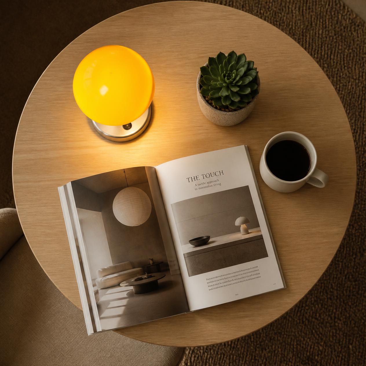 Flatlay mit Designlampe und Magazin